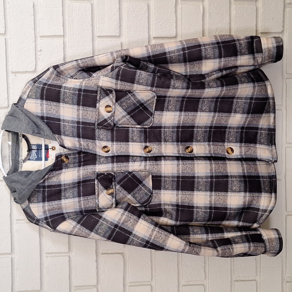 Brooklyn's Best Gray, Blue and Cream Plaid Hooded Fur Lined Jacket. Sz  Med. NWT